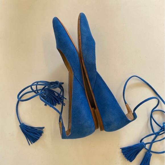 Loeffler Randall || Suede Penelope Tassel Ankle-Wrap Flats Blue 8 - Picture 5 of 6